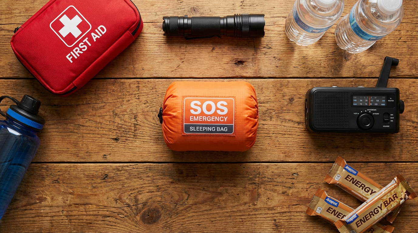 Complete emergency preparedness kit with SOS bag as centerpiece