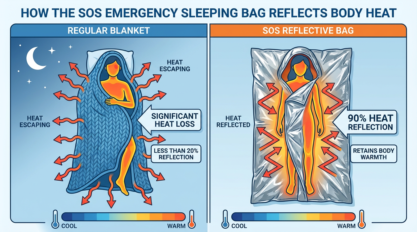 Scientific diagram showing how SOS bag reflects 90% of body heat