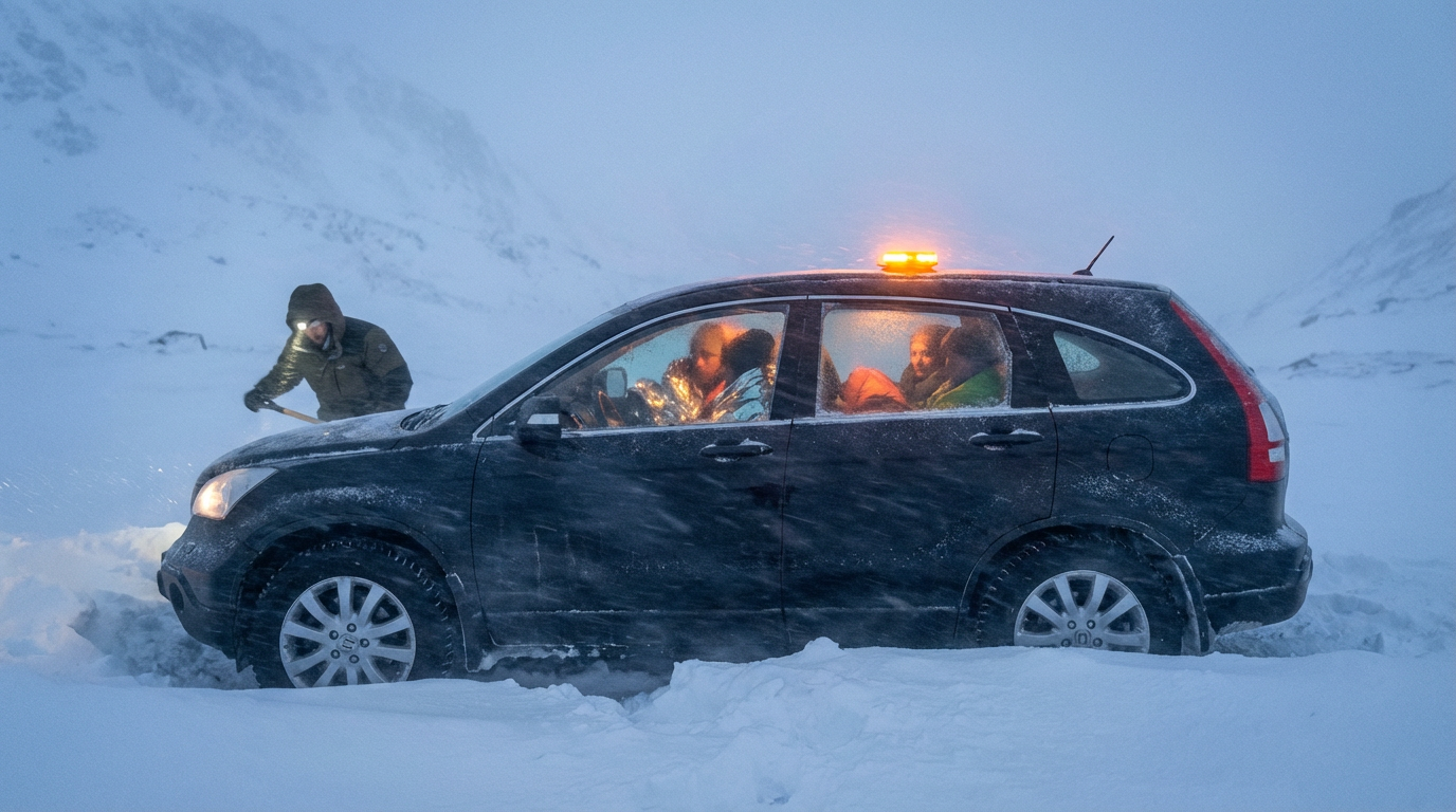 Family stranded in car during blizzard with SOS emergency bags providing warmth